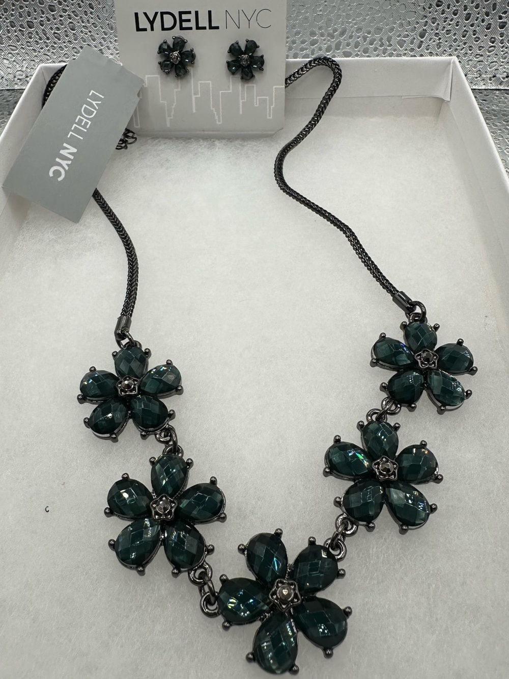 Lydell NYC Green Crystal Flower Statement Necklace Earrings Set